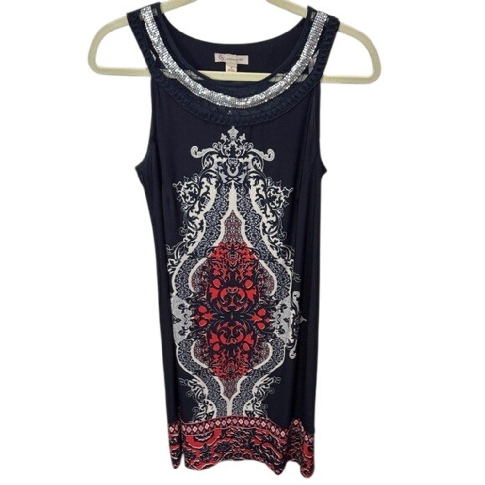 Dress Barn Sleeveless Dress Size 10 Black Red White Paisley‎ Silver Trim